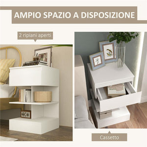 COMODINO MODERNO IN TRUCIOLATO E MDF CON UN CASSETTO E 2 RIPIANI, 39X39X65 CM, BIANCO