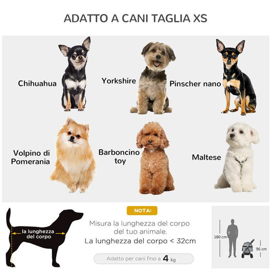 PASSEGGINO PER CANI PIEGHEVOLE CON GUINZAGLIO DI SICUREZZA E CESTINO PORTAOGGETTI, GRIGIO