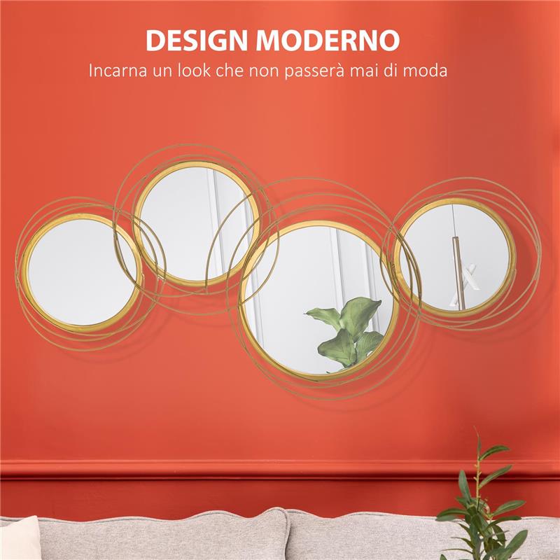DECORAZIONE MURALE 3D IN METALLO, WALL ART A CERCHI CON SPECCHI 107X56CM, ORO