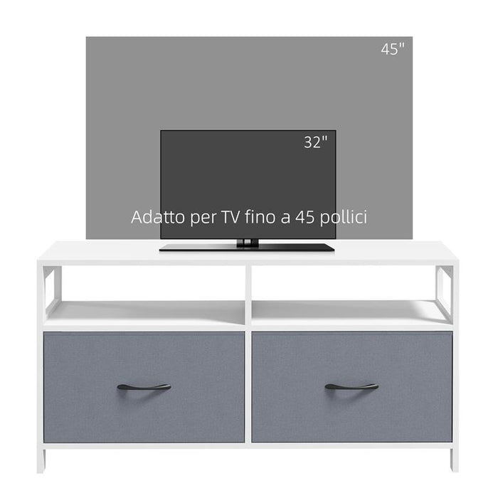 MOBILE TV 45" MAX IN MDF E TESSUTO NON TESSUTO CON 2 CASSETTI E 2 RIPIANI, 100X30X53 CM, BIANCO E GRIGIO