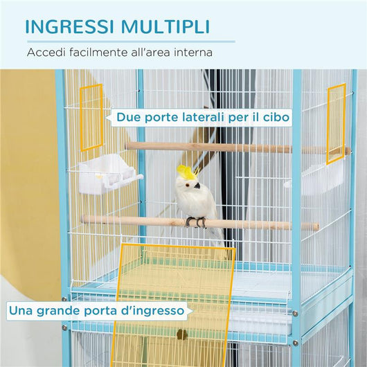 GABBIA PER UCCELLI 2 IN 1 VOLIERA DA INTERNI CON 4 RUOTE E VASSOI ESTRAIBILI, 51.5X50X140CM