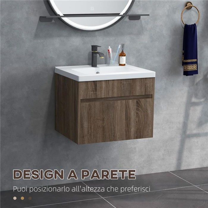 MOBILE LAVABO DA 60CM CON CASSETTO IN LEGNO E LAVANDINO IN CERAMICA, MARRONE CHIARO