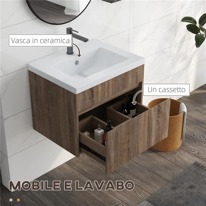 MOBILE LAVABO DA 60CM CON CASSETTO IN LEGNO E LAVANDINO IN CERAMICA, MARRONE CHIARO