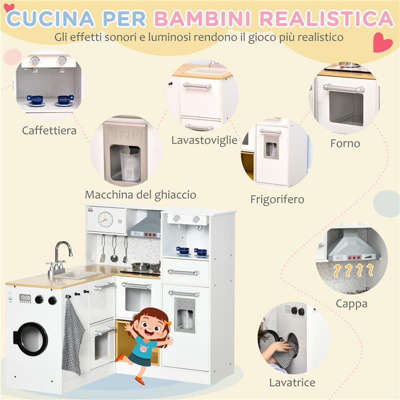 CUCINA GIOCATTOLO 2 PEZZI PER BAMBINI 3-6 ANNI CON UTENSILI DA CUCINA, LUCI ED EFFETTI SONORI, IN MDF E PP