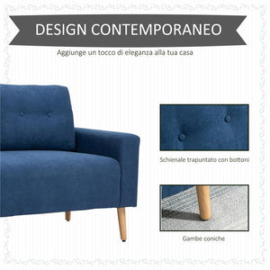 DIVANO 2 POSTI MODERNO E TRAPUNTATO IN STILE NORDICO, IN POLIESTERE E LEGNO, 145X76X88 CM, BLU