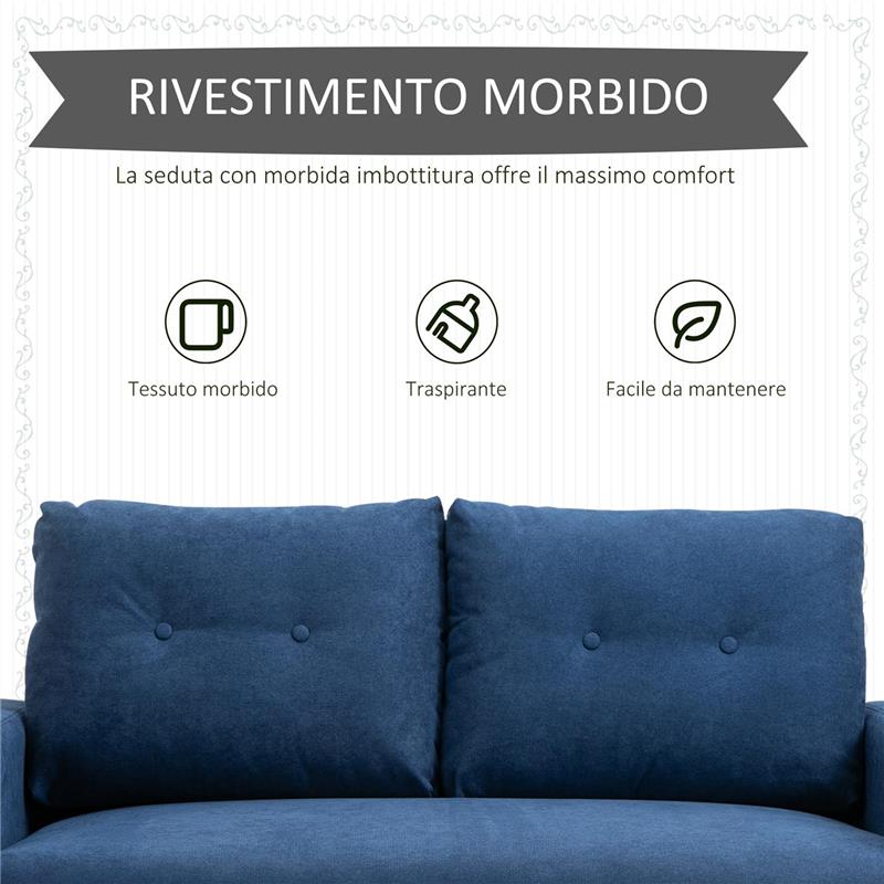 DIVANO 2 POSTI MODERNO E TRAPUNTATO IN STILE NORDICO, IN POLIESTERE E LEGNO, 145X76X88 CM, BLU