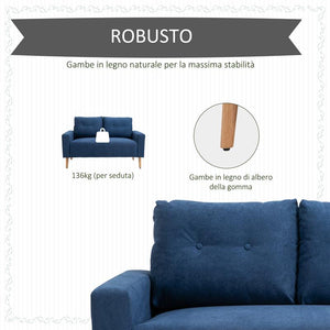 DIVANO 2 POSTI MODERNO E TRAPUNTATO IN STILE NORDICO, IN POLIESTERE E LEGNO, 145X76X88 CM, BLU