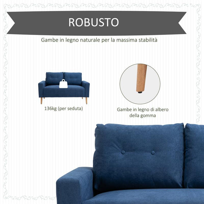 DIVANO 2 POSTI MODERNO E TRAPUNTATO IN STILE NORDICO, IN POLIESTERE E LEGNO, 145X76X88 CM, BLU