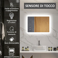 SPECCHIO BAGNO LED ANTIAPPANNAMENTO CON 3 COLORI E LUMINOSITÀ REGOLABILE, IN METALLO E VETRO, 80X60X3 CM