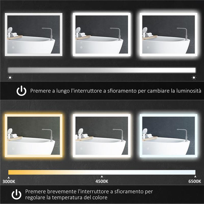 SPECCHIO BAGNO LED ANTIAPPANNAMENTO CON 3 COLORI E LUMINOSITÀ REGOLABILE, IN METALLO E VETRO, 80X60X3 CM