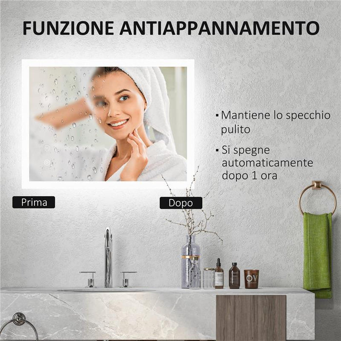 SPECCHIO BAGNO LED ANTIAPPANNAMENTO CON 3 COLORI E LUMINOSITÀ REGOLABILE, IN METALLO E VETRO, 80X60X3 CM