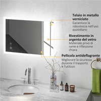 SPECCHIO BAGNO LED ANTIAPPANNAMENTO CON 3 COLORI E LUMINOSITÀ REGOLABILE, IN METALLO E VETRO, 80X60X3 CM