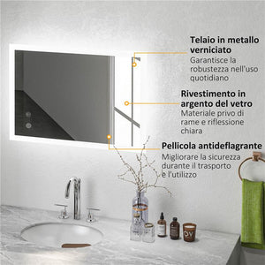 SPECCHIO BAGNO LED ANTIAPPANNAMENTO CON 3 COLORI E LUMINOSITÀ REGOLABILE, IN METALLO E VETRO, 80X60X3 CM