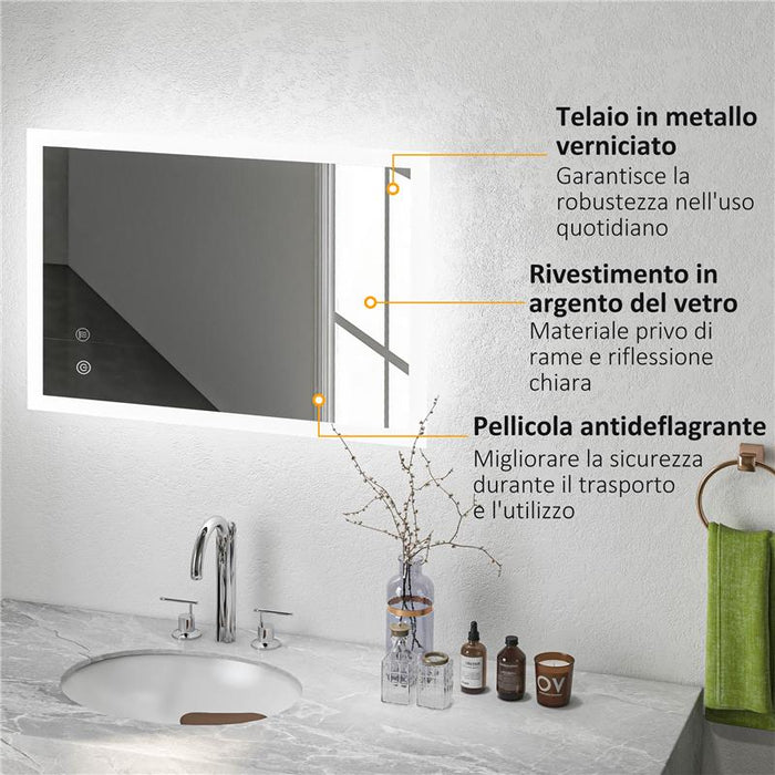 SPECCHIO BAGNO LED ANTIAPPANNAMENTO CON 3 COLORI E LUMINOSITÀ REGOLABILE, IN METALLO E VETRO, 80X60X3 CM