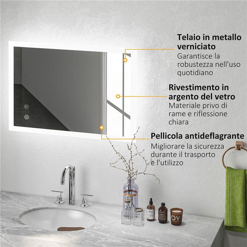 SPECCHIO BAGNO LED ANTIAPPANNAMENTO CON 3 COLORI E LUMINOSITÀ REGOLABILE, IN METALLO E VETRO, 80X60X3 CM