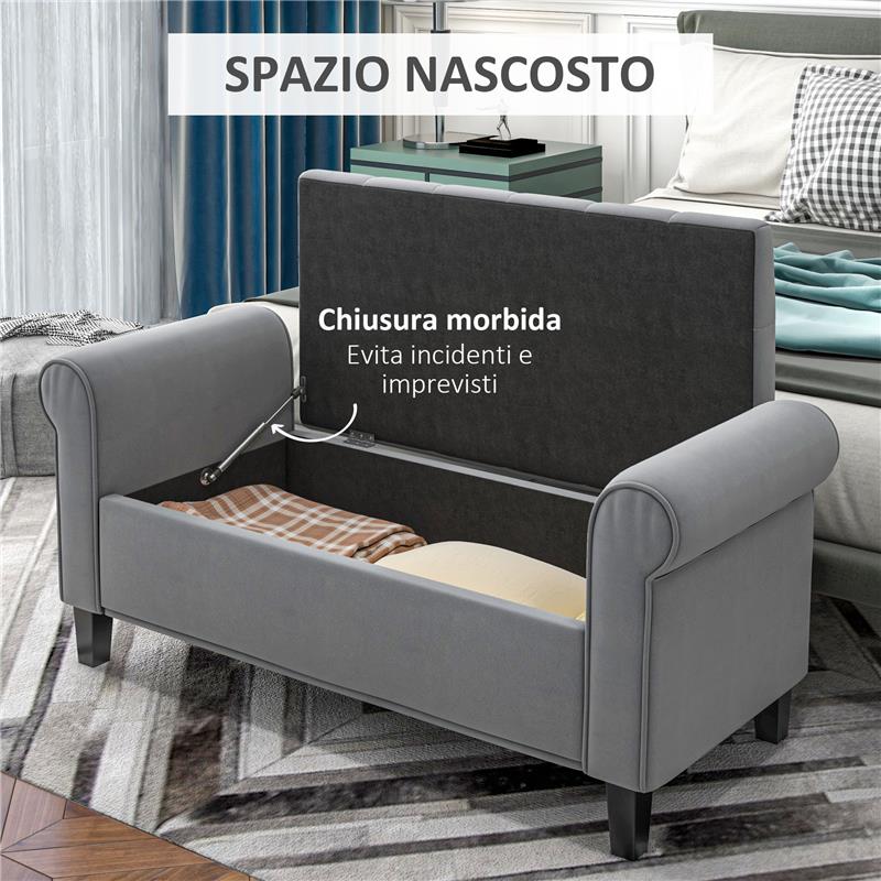 PANCA FONDO LETTO IN TESSUTO VELLUTATO CON SPAZIO PORTAOGGETTI E BRACCIOLI, 126X48.5X57 CM, GRIGIO