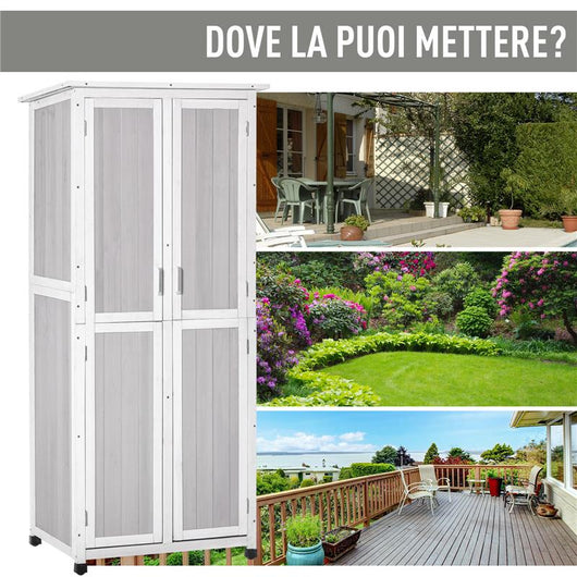 CASETTA PORTA ATTREZZI IN LEGNO DI ABETE A 3 LIVELLI CON TETTO IN BITUME, 77X58X175 CM, GRIGIO