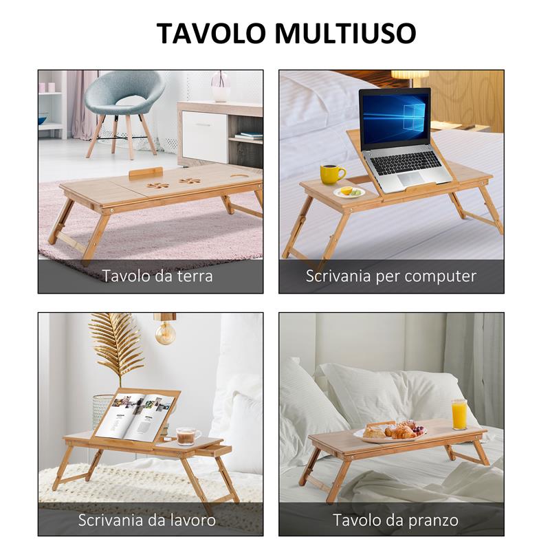 TAVOLINO DA LETTO PER PC PIEGHEVOLE E INCLINABILE CON CASSETTO, 72X35X22-30, COLORE LEGNO