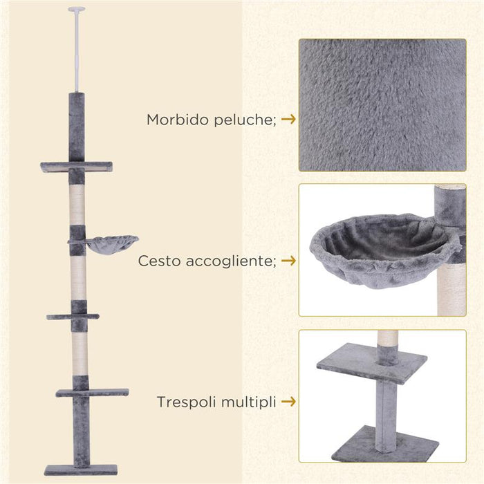 ALBERO TIRAGRAFFI A 4 LIVELLI AD ALTEZZA REGOLABILE, IN TRUCIOLATO, PELUCHE E SISAL, 40X34X230-260 CM, GRIGIO