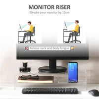 SUPPORTO MONITOR PC 24" MAX CON 2 RIPIANI APERTI, IN ACRILICO TRASPARENTE, 50.8X19X12 CM