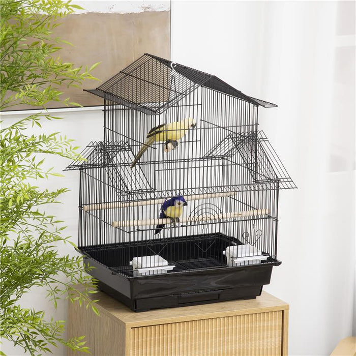 GABBIA PER UCCELLI CON MANIGLIA DI TRASPORTO E VASSOIO ESTRAIBILE, IN METALLO E PLASTICA, 50.5X41X63 CM, NERO