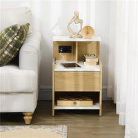 COMODINO MODERNO CON 2 PRESE, 2 PORTE USB E CASSETTO IN TRUCIOLATO, 40X40X60CM, COLOR LEGNO