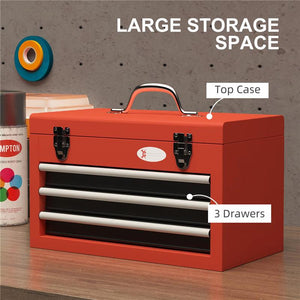 CASSETTA PORTA ATTREZZI CON 3 CASSETTI E VANO SUPERIORE IN ACCIAIO CON MANIGLIA, 45X24X27CM, ROSSO