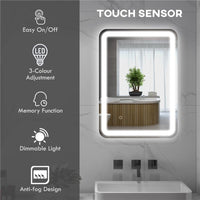 SPECCHIO BAGNO CON INTERRUTTORE TOUCH, LUCE LED A 3 TEMPERATURE E ANTIAPPANNAMENTO, 70X50CM