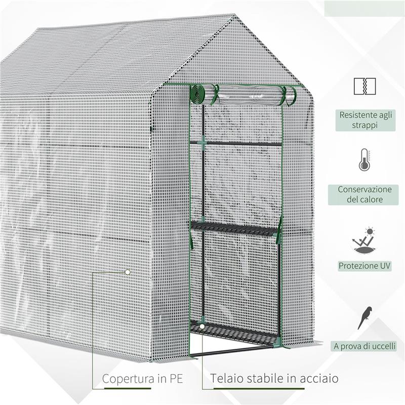 SERRA A CASETTA CON RIVESTIMENTO IN PE, PORTA A CERNIERA E 4 RIPIANI, 186X120X190CM, BIANCO