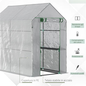 SERRA A CASETTA CON RIVESTIMENTO IN PE, PORTA A CERNIERA E 4 RIPIANI, 186X120X190CM, BIANCO