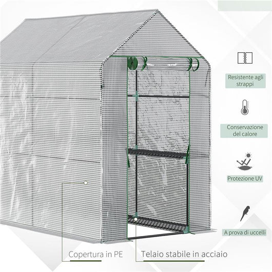 SERRA A CASETTA CON RIVESTIMENTO IN PE, PORTA A CERNIERA E 4 RIPIANI, 186X120X190CM, BIANCO