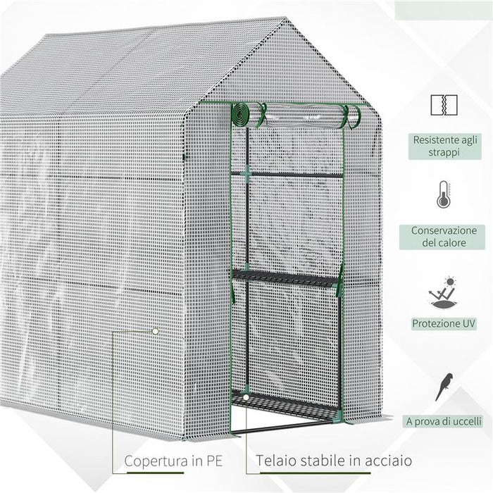 SERRA A CASETTA CON RIVESTIMENTO IN PE, PORTA A CERNIERA E 4 RIPIANI, 186X120X190CM, BIANCO