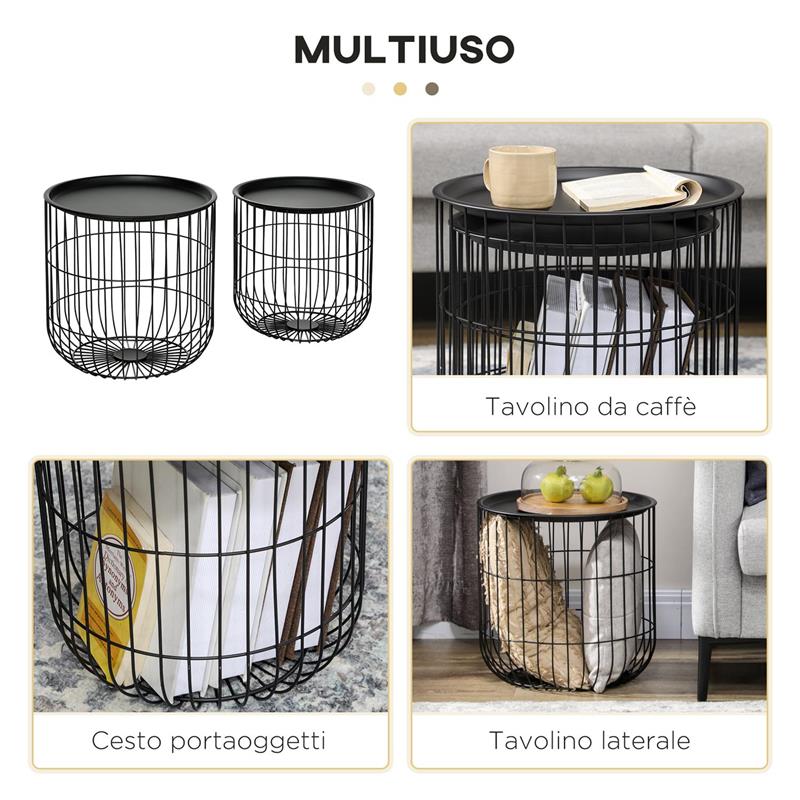SET 2 TAVOLINI DA SALOTTO IMPILABILI ROTONDI IN ACCIAIO CON VANO CONTENITORE, NERO