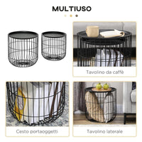 SET 2 TAVOLINI DA SALOTTO IMPILABILI ROTONDI IN ACCIAIO CON VANO CONTENITORE, NERO