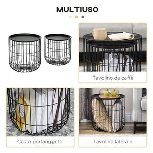 SET 2 TAVOLINI DA SALOTTO IMPILABILI ROTONDI IN ACCIAIO CON VANO CONTENITORE, NERO