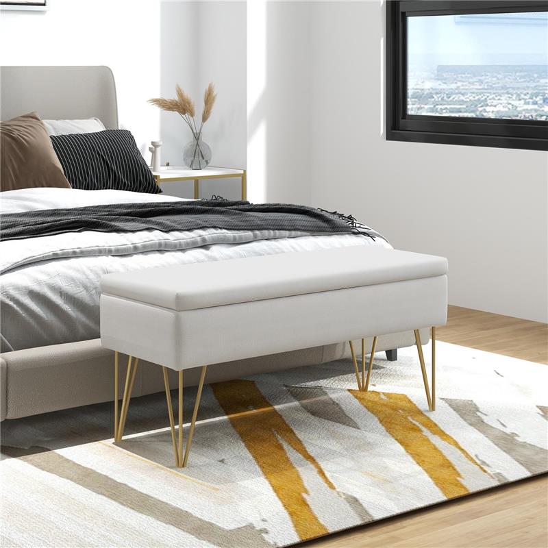 PANCA FONDO LETTO CON CONTENITORE IN TESSUTO E GAMBE IN ACCIAIO, 100X40X49CM, CREMA