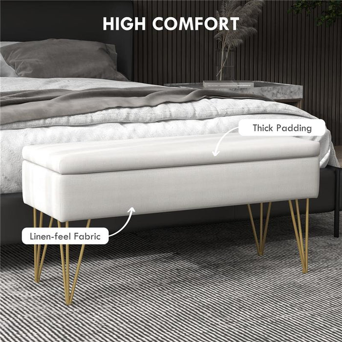 PANCA FONDO LETTO CON CONTENITORE IN TESSUTO E GAMBE IN ACCIAIO, 100X40X49CM, CREMA