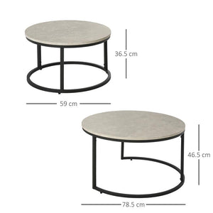 SET DA 2 TAVOLINI DA CAFFÈ SOVRAPPONIBILI ROTONDI IN METALLO E MDF EFFETTO MARMO, GRIGIO E NERO