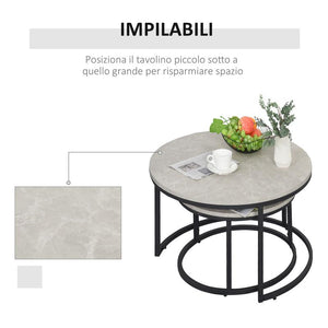 SET DA 2 TAVOLINI DA CAFFÈ SOVRAPPONIBILI ROTONDI IN METALLO E MDF EFFETTO MARMO, GRIGIO E NERO