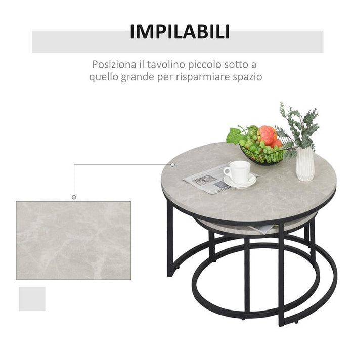 SET DA 2 TAVOLINI DA CAFFÈ SOVRAPPONIBILI ROTONDI IN METALLO E MDF EFFETTO MARMO, GRIGIO E NERO