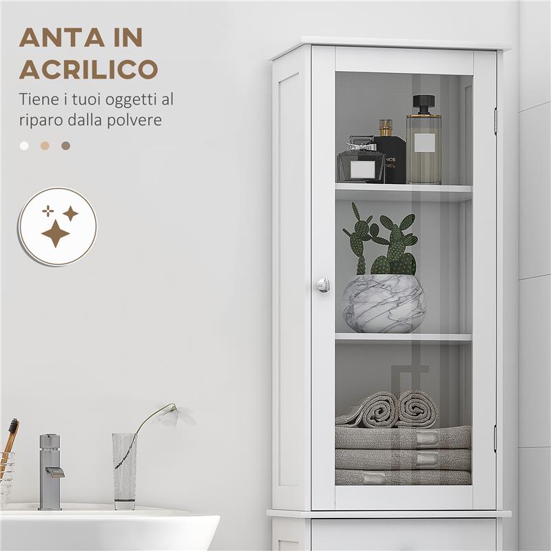 MOBILE COLONNA BAGNO SALVASPAZIO CON ARMADIETTO, CASSETTO E RIPIANI IN MDF, 40X27X171.5CM, BIANCO