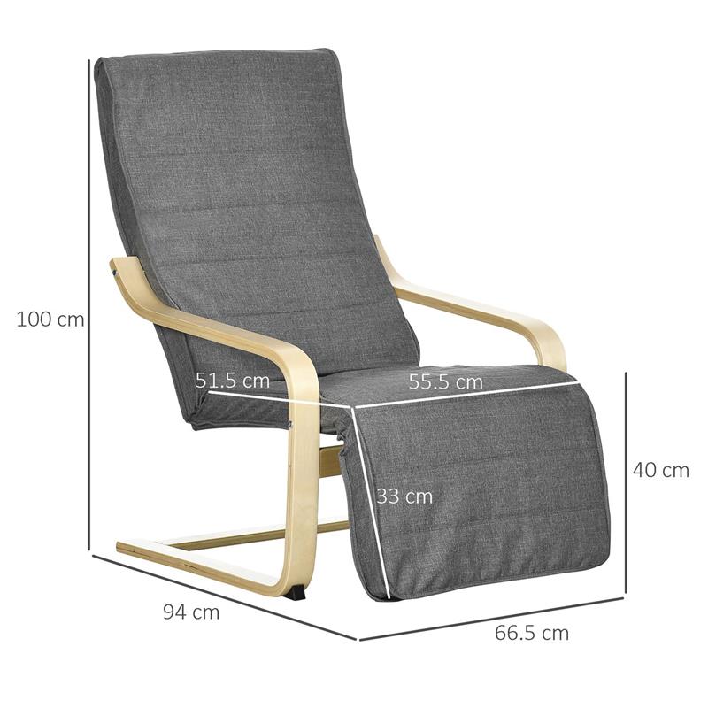 POLTRONA RELAX CON POGGIAPIEDI A 5 LIVELLI E POGGIATESTA IN LEGNO DI BETULLA E TESSUTO, GRIGIO