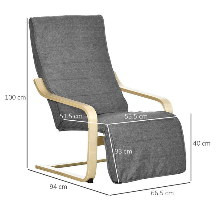 POLTRONA RELAX CON POGGIAPIEDI A 5 LIVELLI E POGGIATESTA IN LEGNO DI BETULLA E TESSUTO, GRIGIO