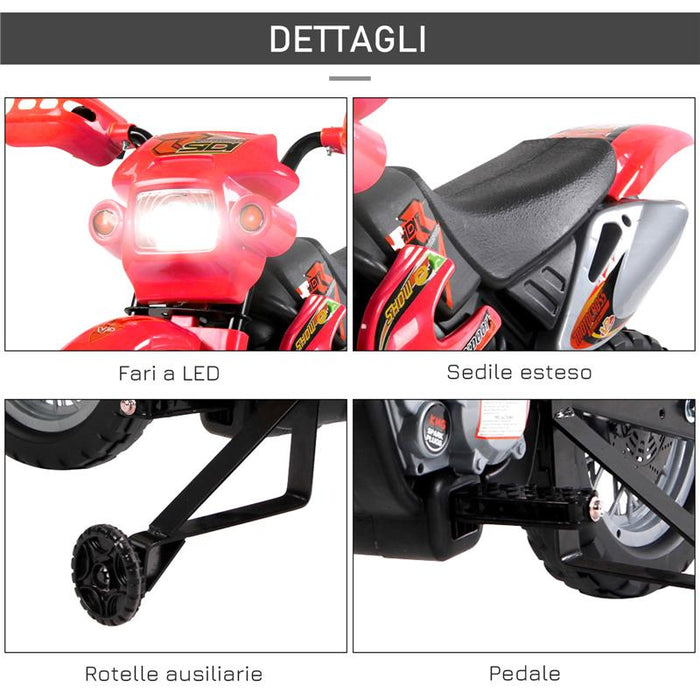 MOTO ELETTRICA PER BAMBINI 3-6 ANNI IN PLASTICA PP CON RUOTE DI SUPPORTO, FARI E MUSICA, 102X53X66 CM, ROSSO E NERO
