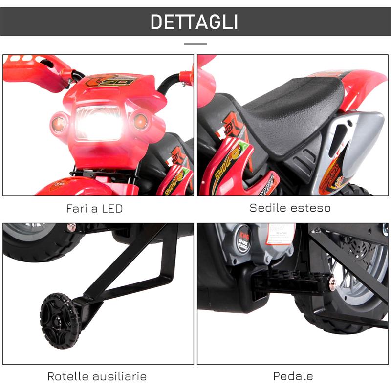 MOTO ELETTRICA PER BAMBINI 3-6 ANNI IN PLASTICA PP CON RUOTE DI SUPPORTO, FARI E MUSICA, 102X53X66 CM, ROSSO E NERO