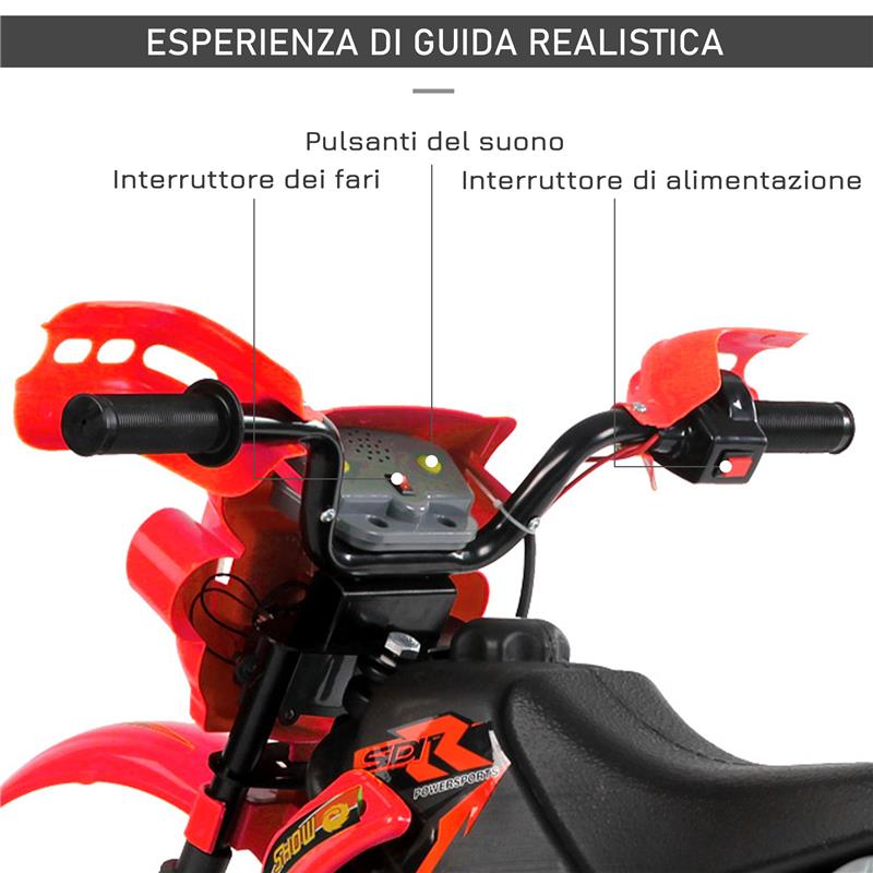 MOTO ELETTRICA PER BAMBINI 3-6 ANNI IN PLASTICA PP CON RUOTE DI SUPPORTO, FARI E MUSICA, 102X53X66 CM, ROSSO E NERO