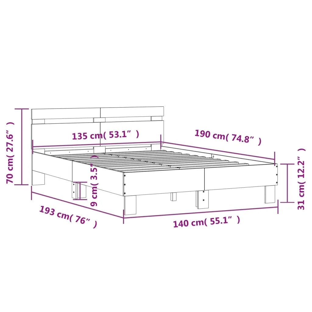 Letto matrimoniale | Letto per adulti | Giroletto Testiera Grigio Cemento 135x190 cm Legno Multistrato
