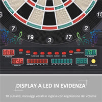 BERSAGLIO FRECCETTE ELETTRONICO CON PUNTEGGIO AUTOMATICO, 12 FRECCETTE E 6 DISPLAY, 51X6.5X57CM, NERO