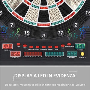 BERSAGLIO FRECCETTE ELETTRONICO CON PUNTEGGIO AUTOMATICO, 12 FRECCETTE E 6 DISPLAY, 51X6.5X57CM, NERO