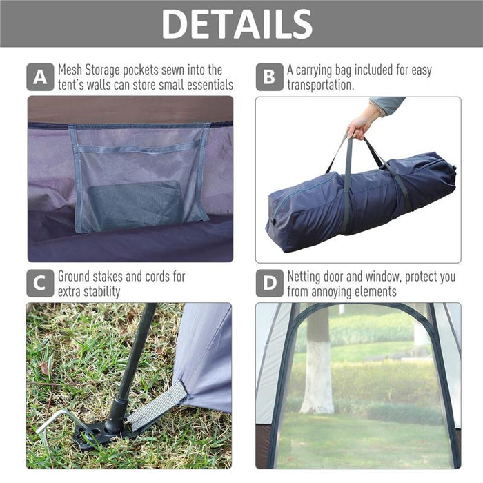 TENDA DA CAMPEGGIO 4 POSTI CON APERTURA AUTOMATICA E ACCESSORI, IN ACCIAIO E TESSUTO OXFORD, GRIGIA E NERA